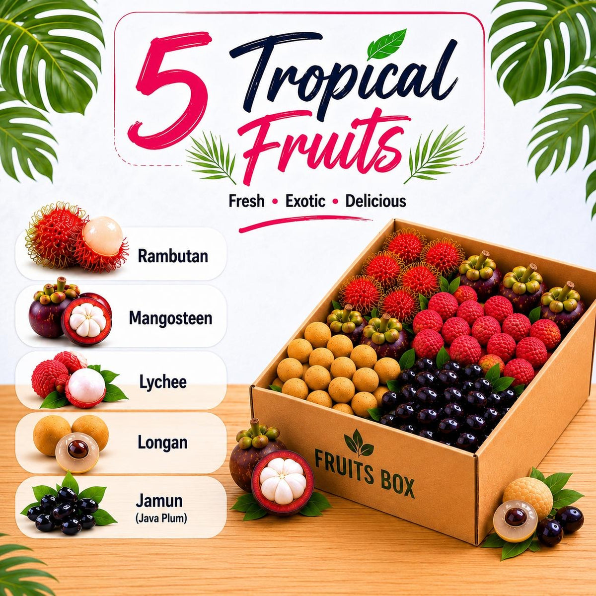 Promotional image of a tropical fruit box with various fruits and text about tropical fruits.